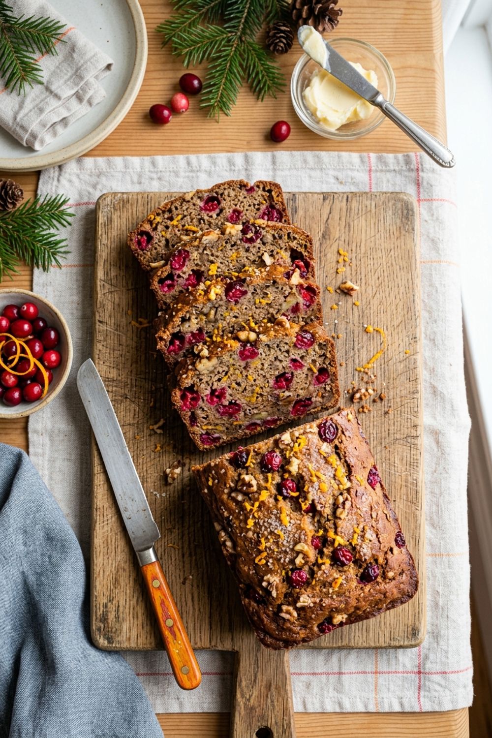 Cranberry orange banana bread loaf on a cutting board with slices showing ruby cranberries throughout