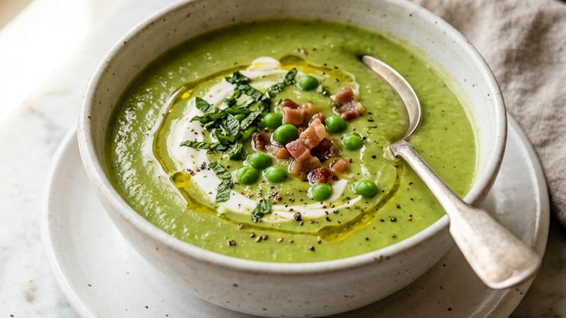 A creamy bowl of vibrant green pea soup garnished with fresh mint, crème fraîche, and crispy bacon bits