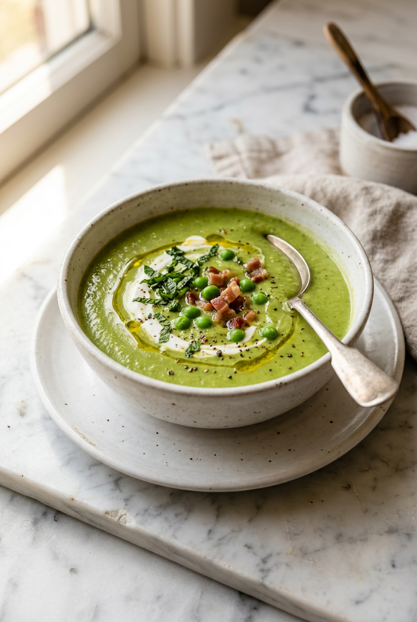A creamy bowl of vibrant green pea soup garnished with fresh mint, crème fraîche, and crispy bacon bits
