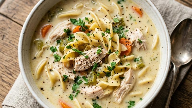 A steaming bowl of creamy chicken noodle soup with tender egg noodles, shredded chicken, and fresh parsley garnish
