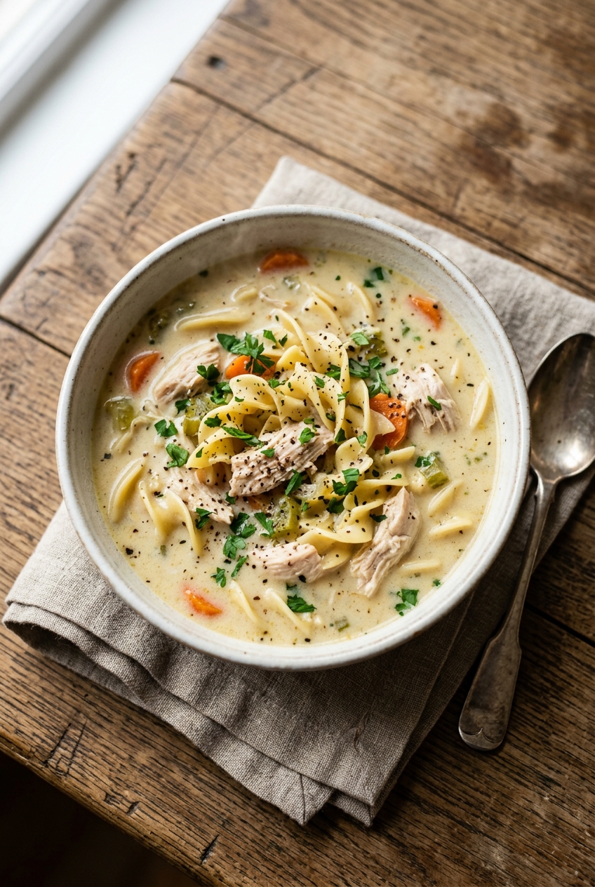 A steaming bowl of creamy chicken noodle soup with tender egg noodles, shredded chicken, and fresh parsley garnish