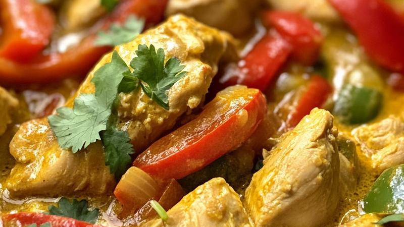 Close-up side view of creamy coconut chicken curry with tender chicken pieces, red bell peppers, and snap peas in a rich golden coconut sauce, garnished with fresh cilantro and sesame seeds