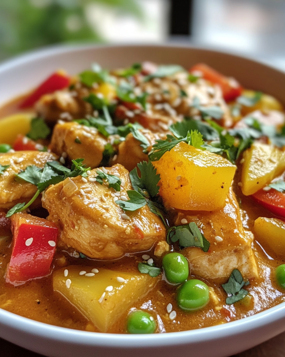 Close-up side view of creamy coconut chicken curry with tender chicken pieces, red bell peppers, and snap peas in a rich golden coconut sauce, garnished with fresh cilantro and sesame seeds