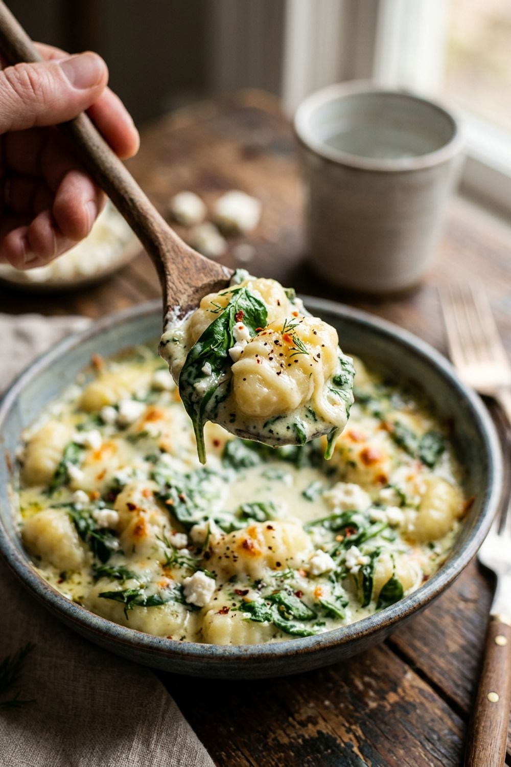 Pan-fried gnocchi with golden crispy edges in a cream sauce with wilted spinach