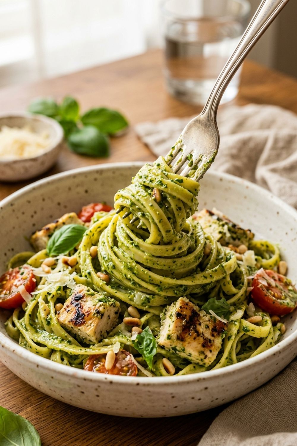 Creamy pesto chicken pasta close-up showing the rich green sauce coating penne