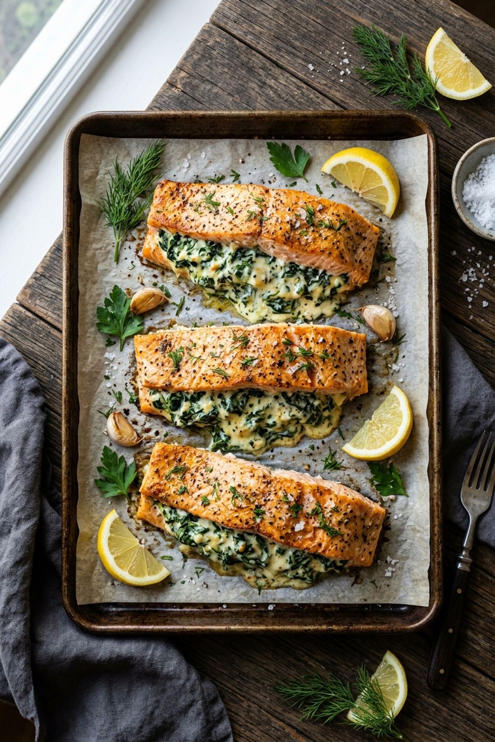 Golden baked salmon fillets stuffed with creamy spinach filling on a white plate