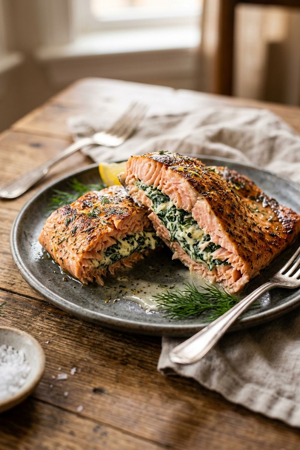 Close-up of a cut stuffed salmon fillet showing the creamy spinach filling inside