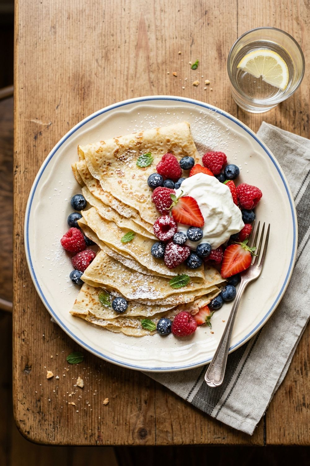 A stack of thin golden French crêpes on a white plate with powdered sugar and lemon wedges