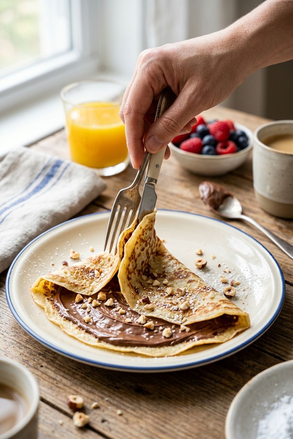 Crêpe batter being swirled in a hot pan showing the thin, even layer forming