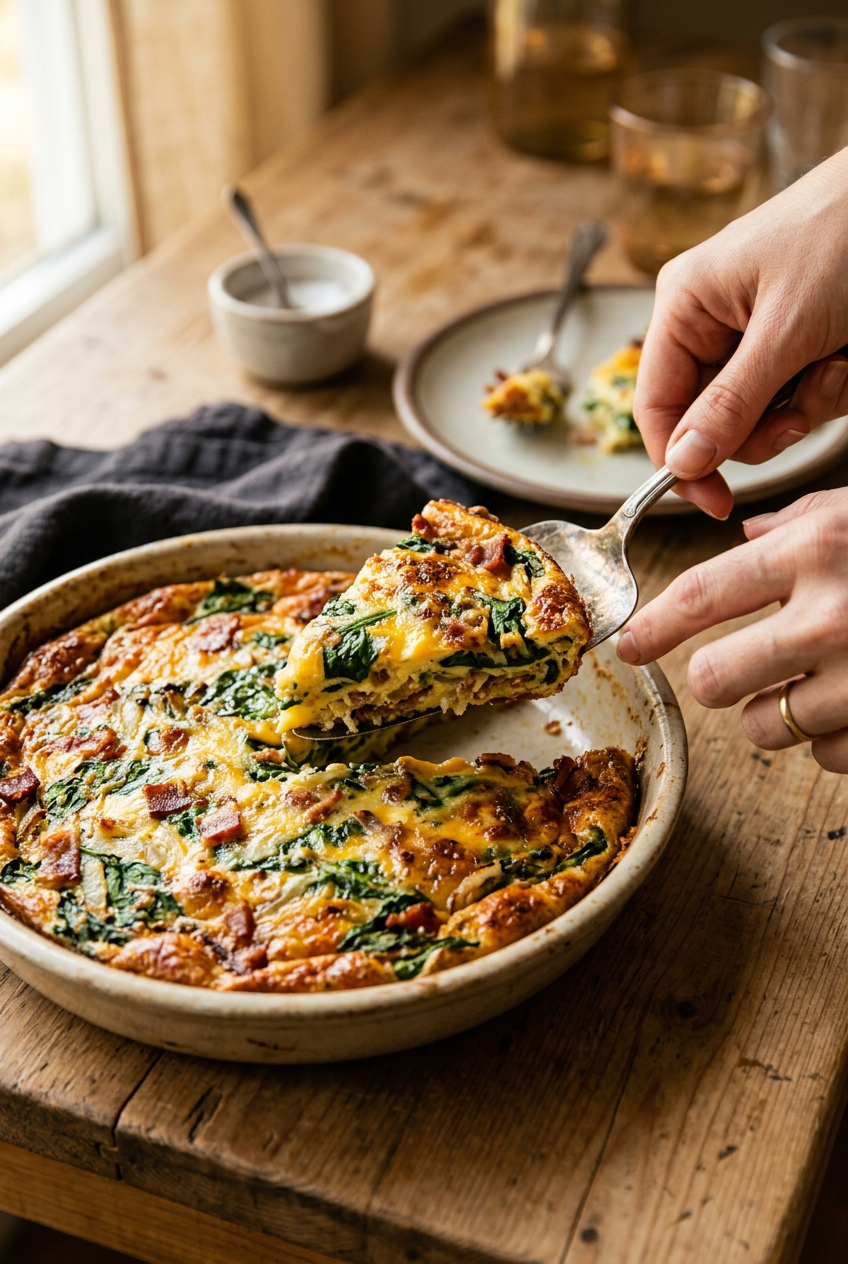Golden-brown crustless quiche with spinach, bacon, and cheese, fresh from the oven, showing creamy custard texture
