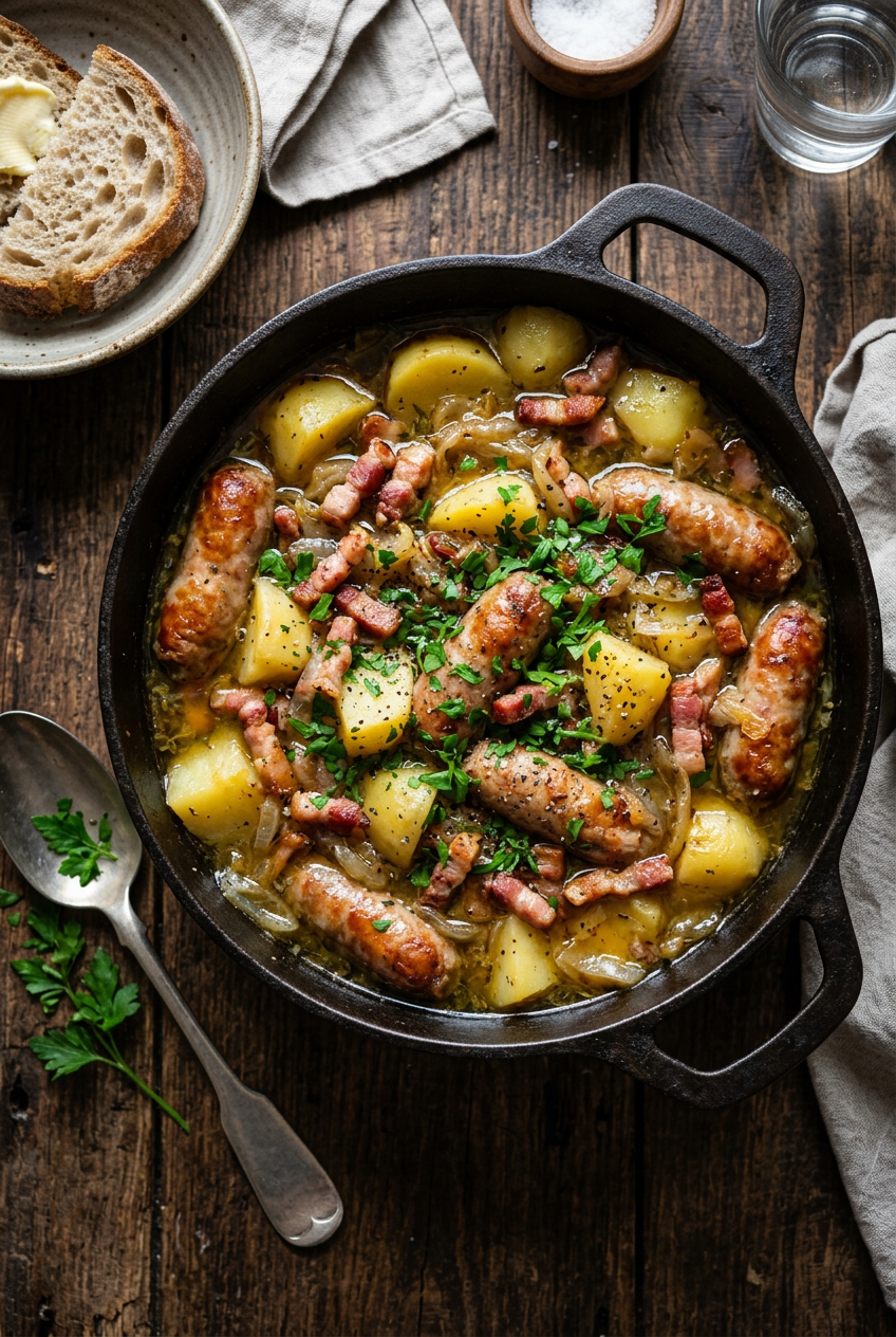 Steaming bowl of authentic Dublin Coddle with layers of golden potatoes, browned sausages and bacon in rich broth, garnished with fresh parsley