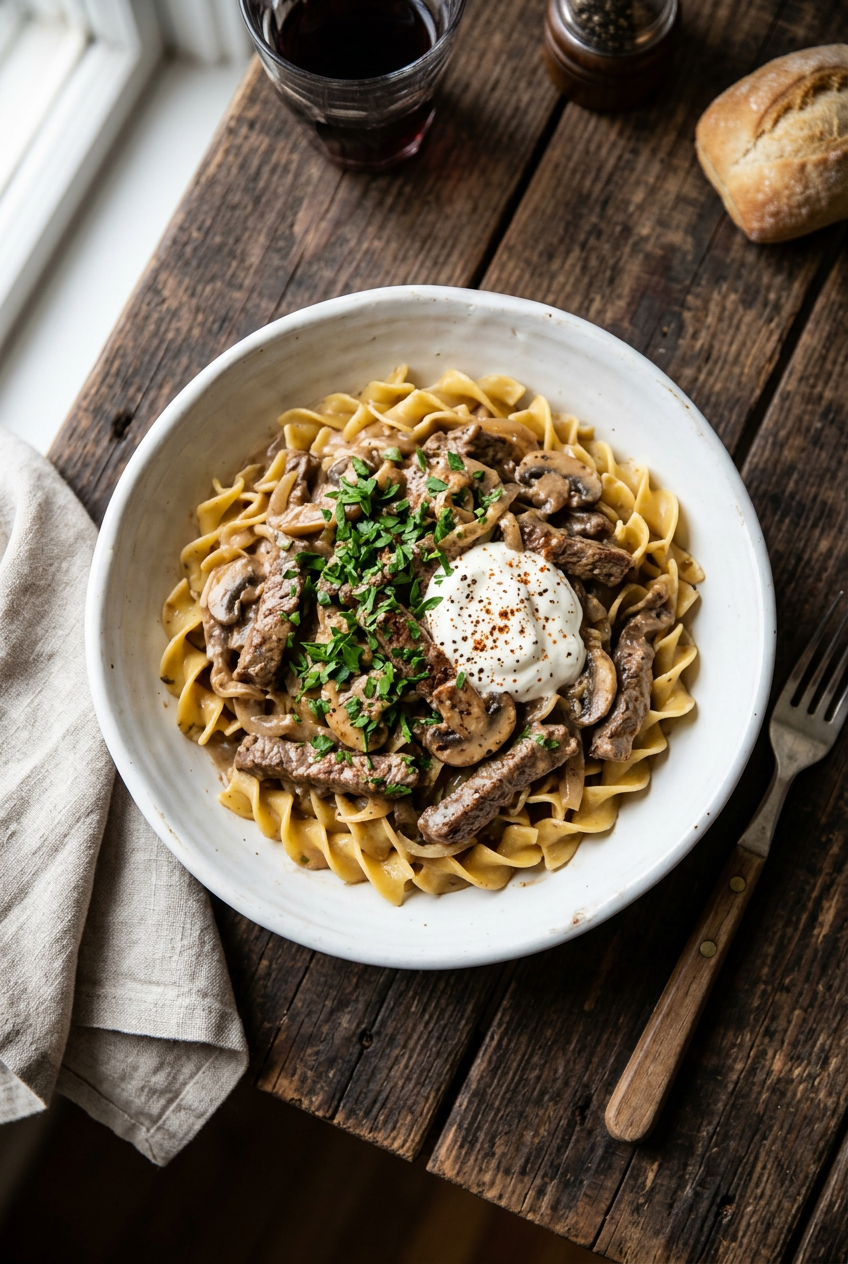Creamy beef stroganoff served over egg noodles in a white bowl, garnished with fresh parsley