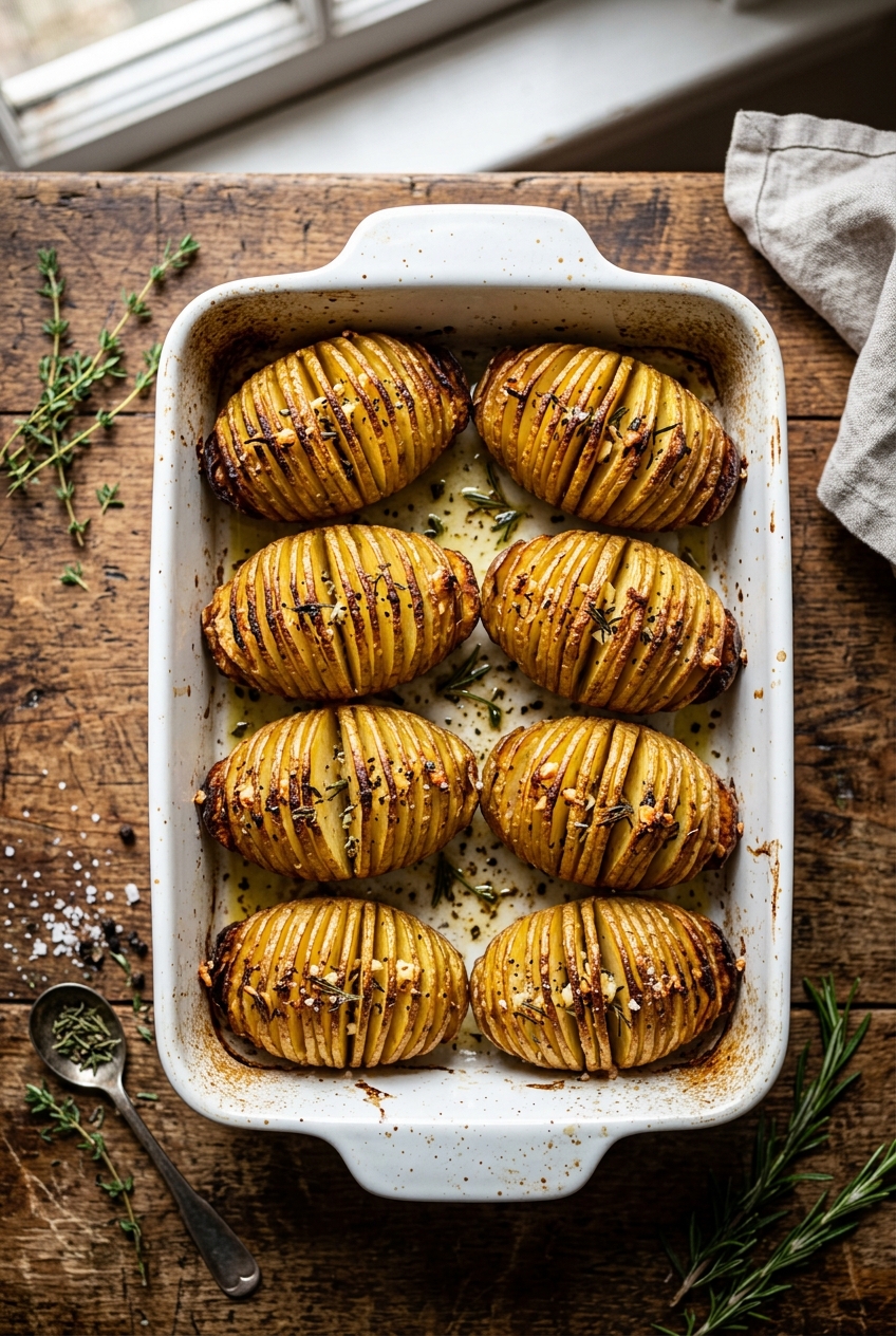 Golden crispy Hasselback potatoes with accordion-like cuts, seasoned with herbs and perfectly roasted on a baking sheet
