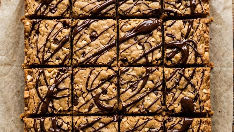Stacked peanut butter cookie bars on parchment paper showing chewy texture and golden brown edges