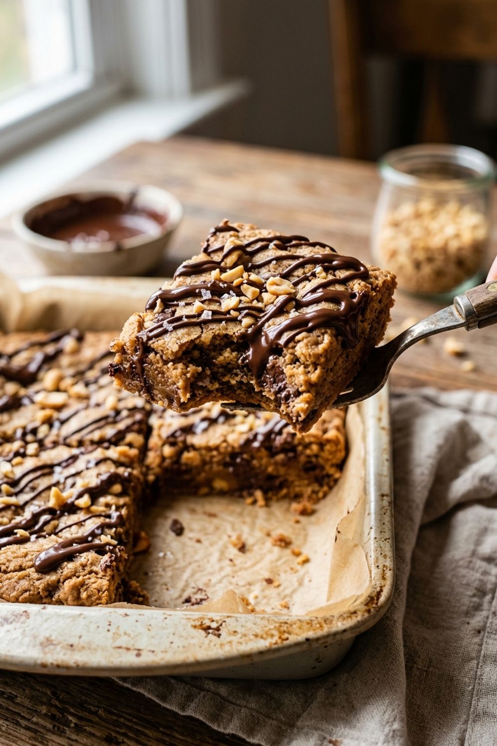 Peanut butter cookie bar batter being spread in a parchment-lined baking pan