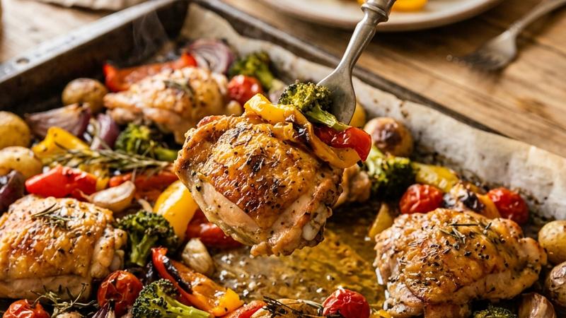 Golden roasted chicken breasts surrounded by colorful roasted vegetables including broccoli, bell peppers, carrots, and potatoes on a sheet pan
