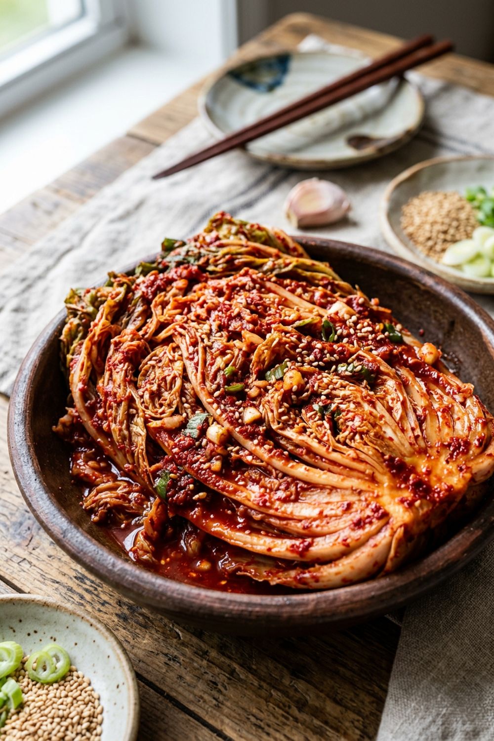 A close-up shot of fermented kimchi with vibrant red gochugaru coating on napa cabbage leaves
