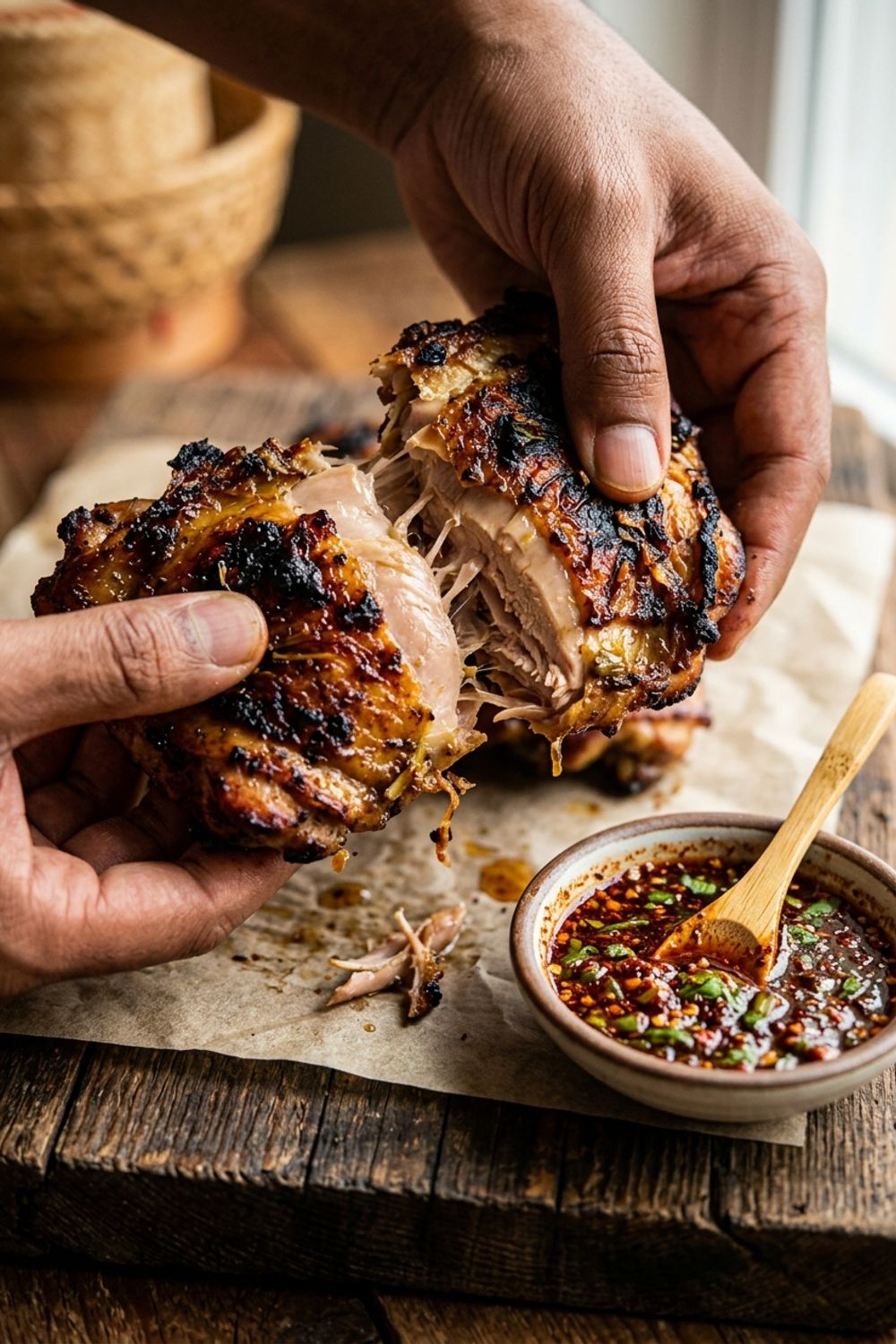 Gai yang chicken being charred over hot coals with visible grill marks and golden skin
