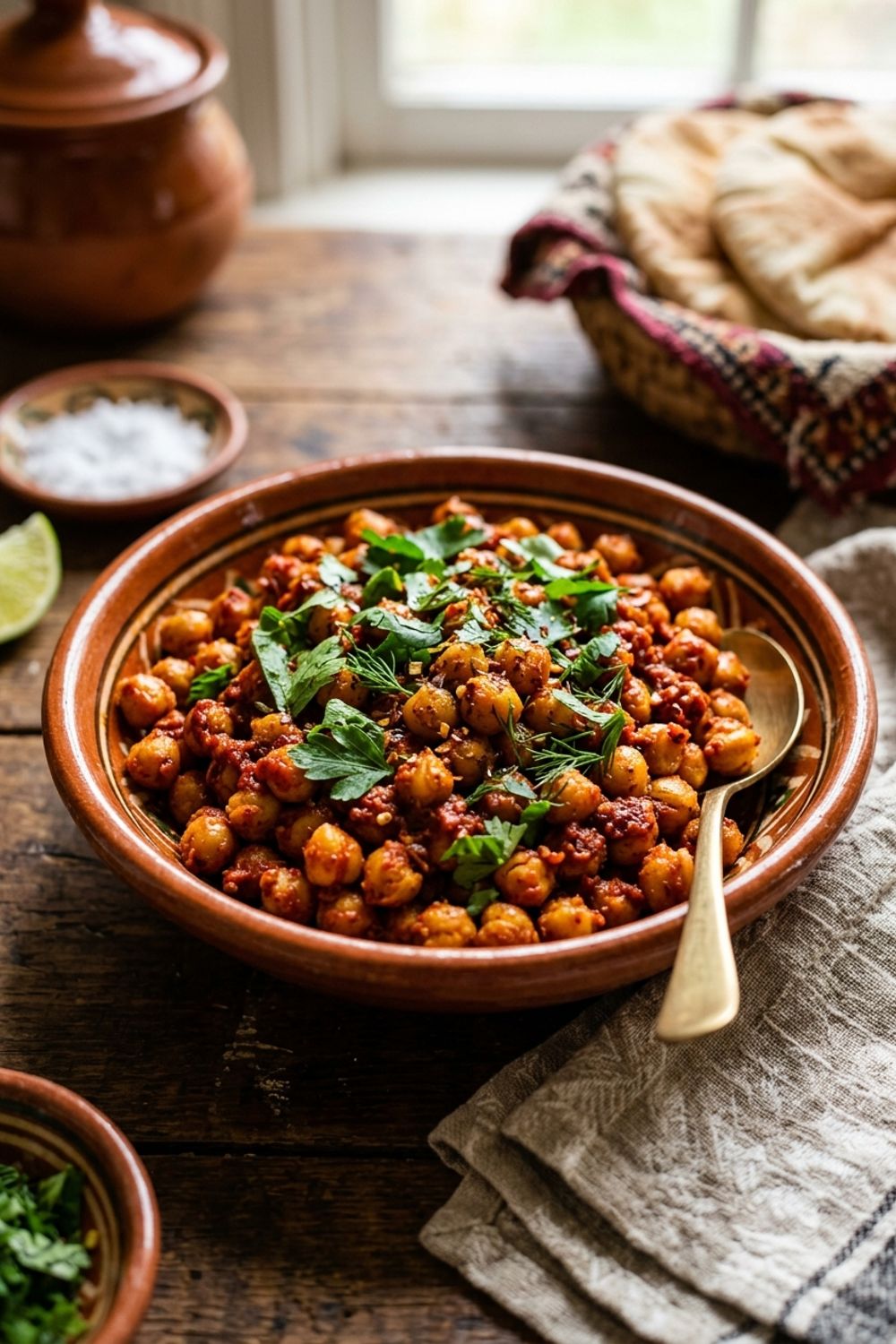 Harissa chickpeas simmering in a deep skillet with a rich red sauce and visible spices