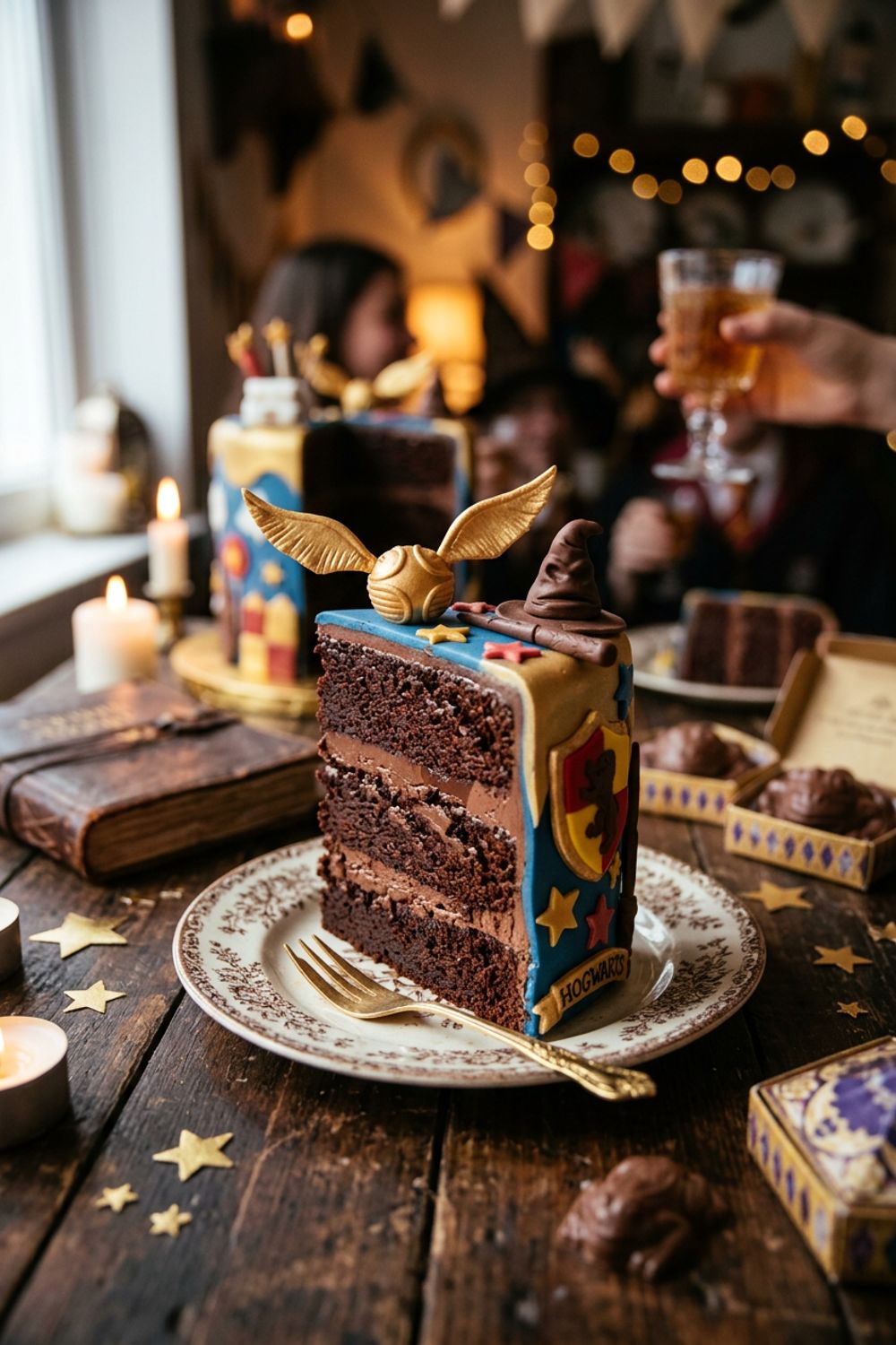 Piping pink icing letters that spell Happee Birthdae Harry on the green-frosted chocolate cake