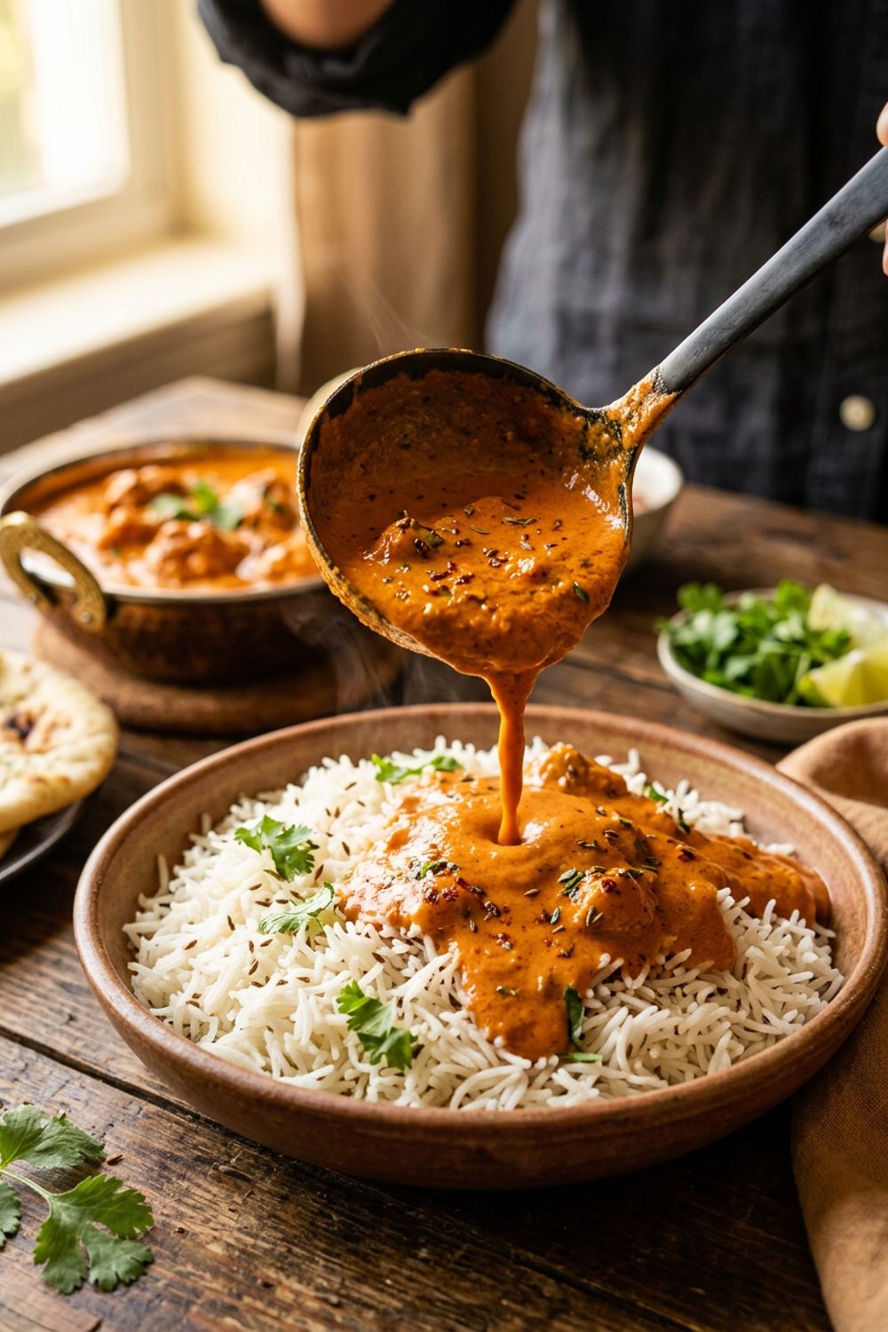 Butter chicken in a cast iron skillet with a swirl of cream on top and fresh cilantro