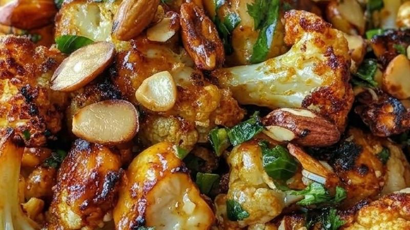 Honey curry roasted cauliflower piled in a dark ceramic bowl topped with toasted slivered almonds and fresh parsley