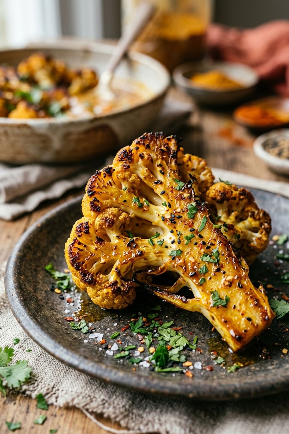 Golden honey curry cauliflower being tossed with the glaze on a baking sheet fresh from the oven