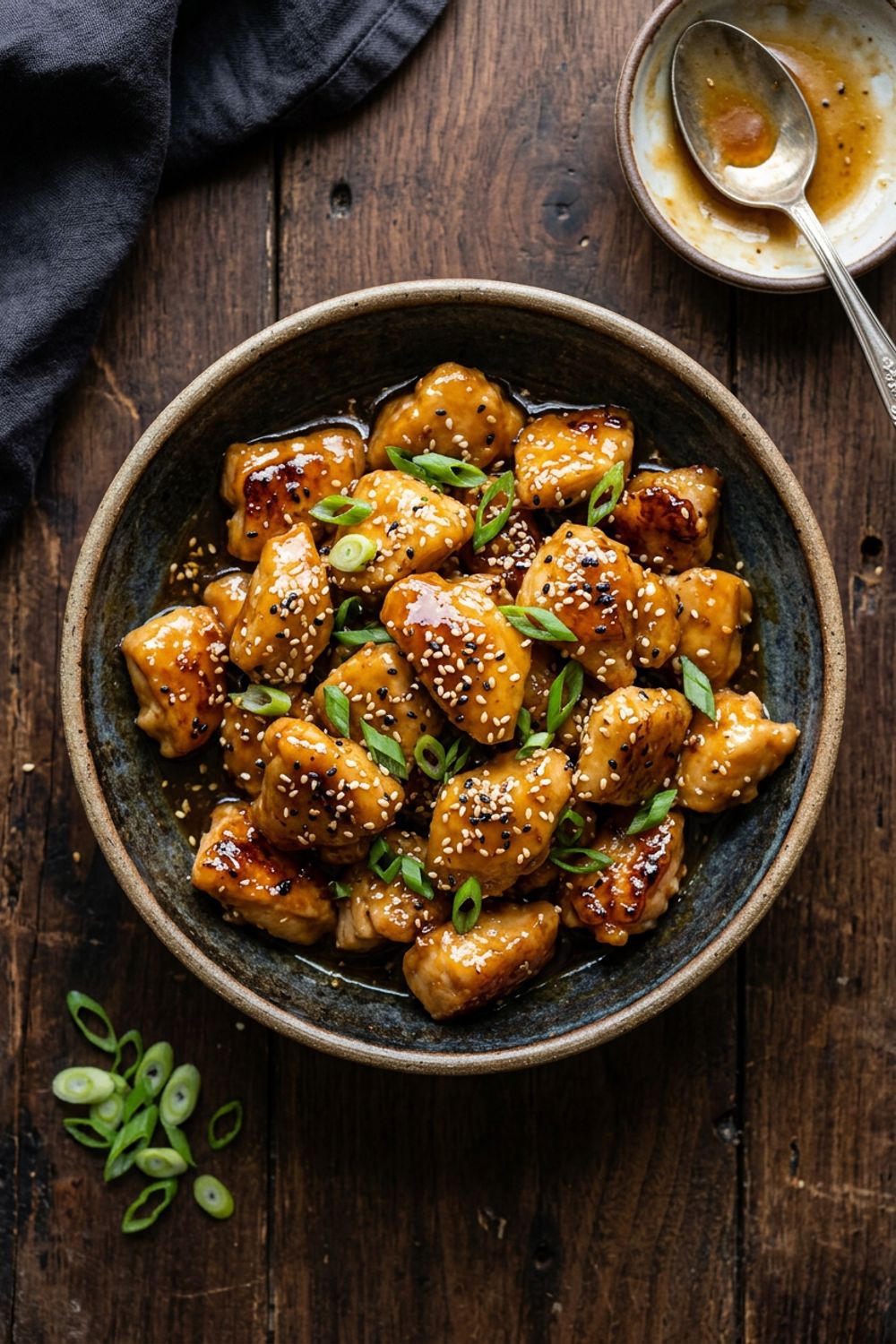 Honey garlic chicken bites in a bowl garnished with sesame seeds and sliced green onions