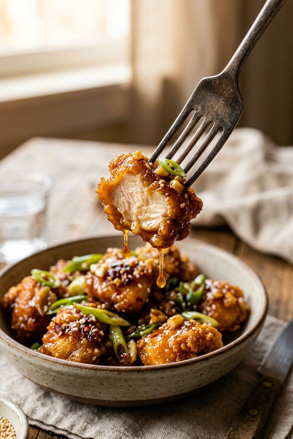 Close-up of honey garlic chicken bites showing the sticky glaze and sesame seed garnish