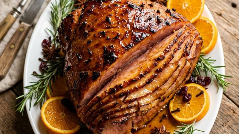Golden honey glazed ham with caramelized exterior, pineapple rings, and maraschino cherries on a white serving platter