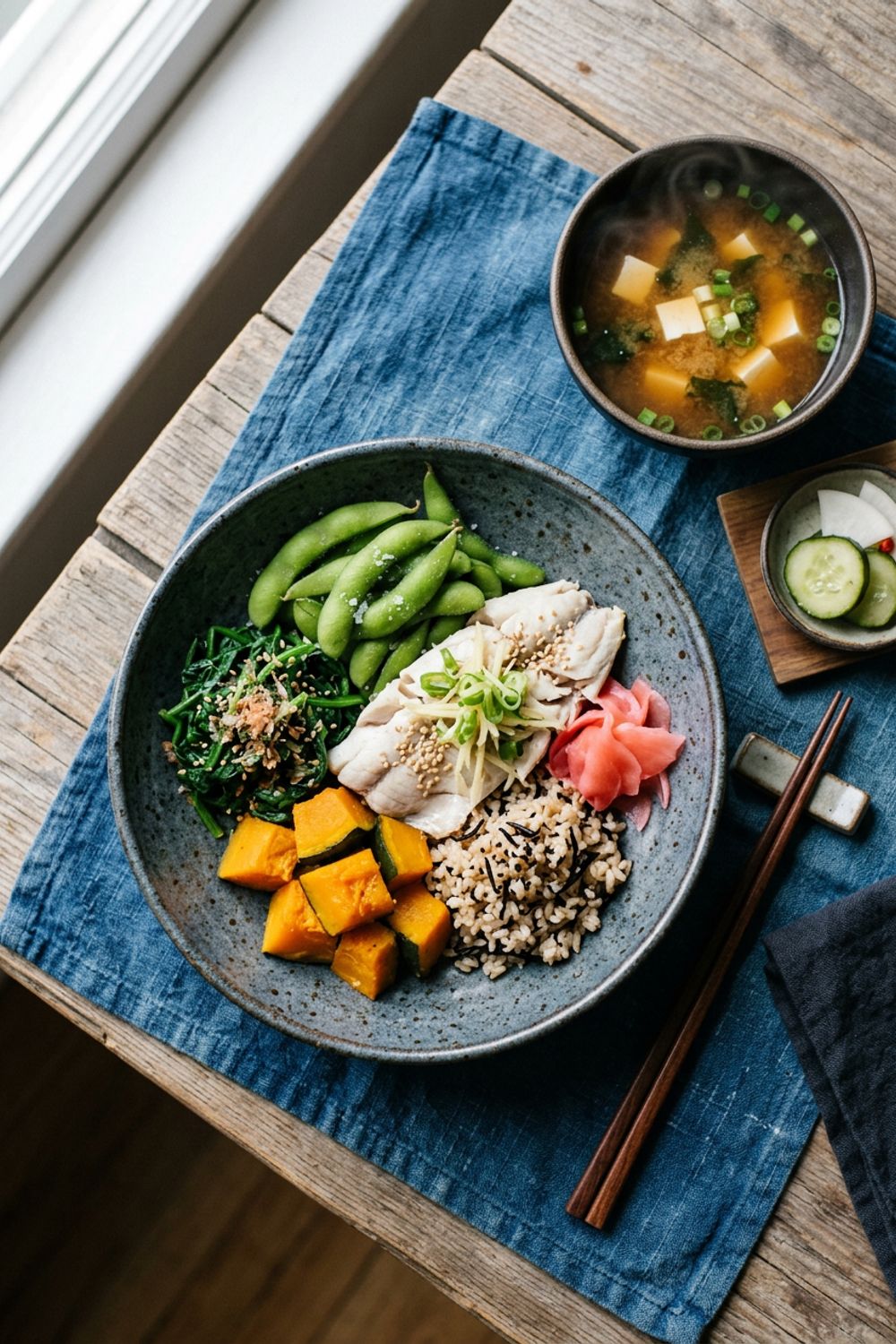 A Japanese-style meal bowl with miso-glazed salmon, pickled vegetables, steamed rice, and edamame on a dark ceramic plate