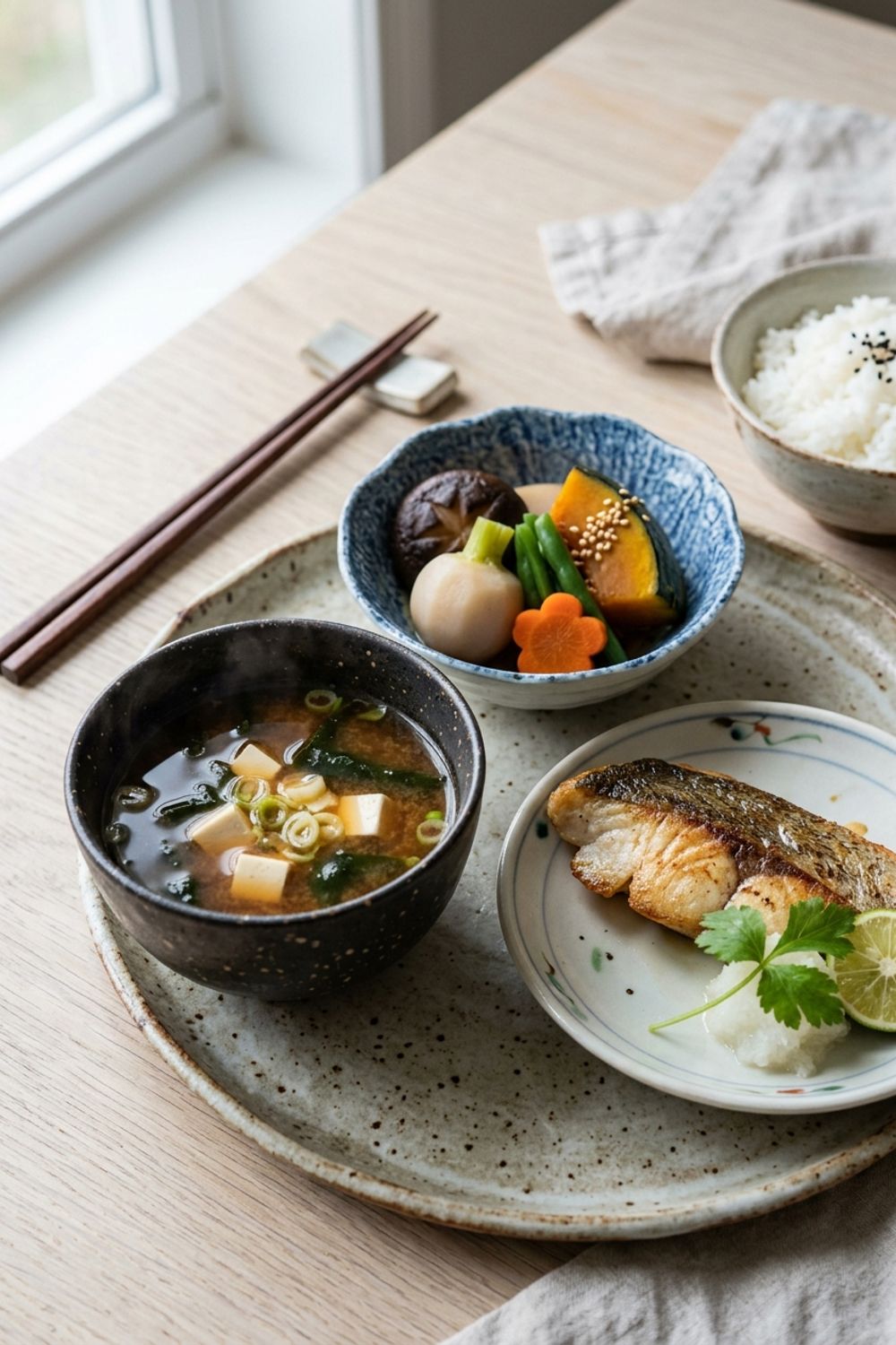 An overhead view of meal bowl components laid out separately — miso salmon, rice, pickled vegetables, edamame, and greens