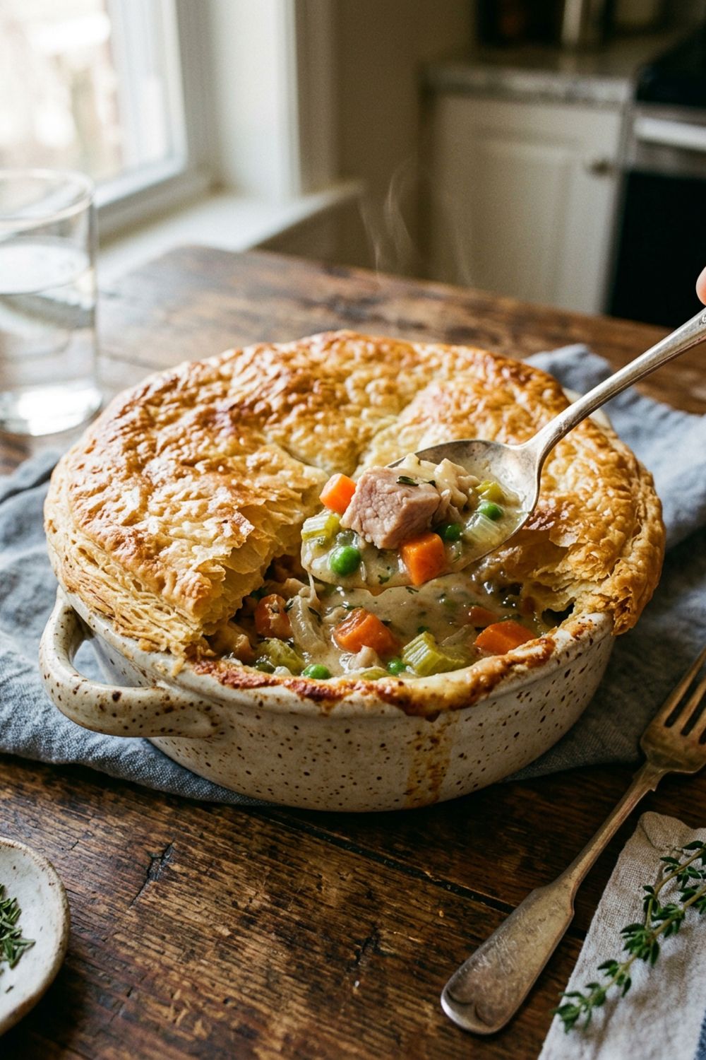 Close-up of turkey pot pie filling showing chunks of turkey, carrots, peas, and corn in creamy gravy