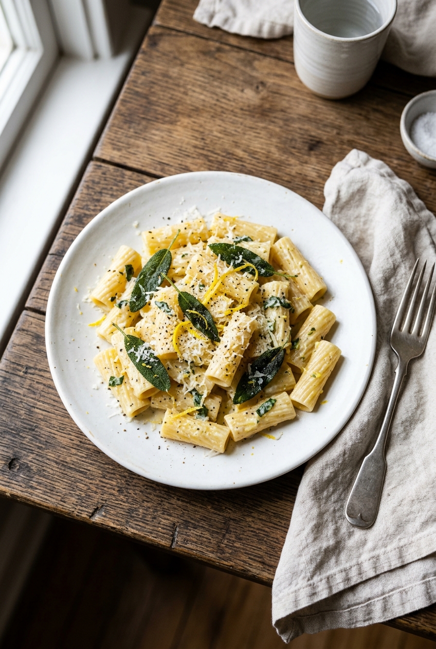 A creamy lemon sage rigatoni pasta dish garnished with fresh sage leaves and lemon slices in a white bowl