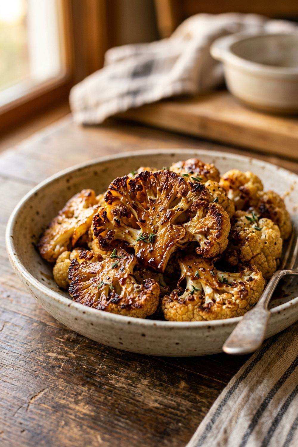 Close-up of caramelized cauliflower florets with glossy maple balsamic glaze and toasted pine nuts