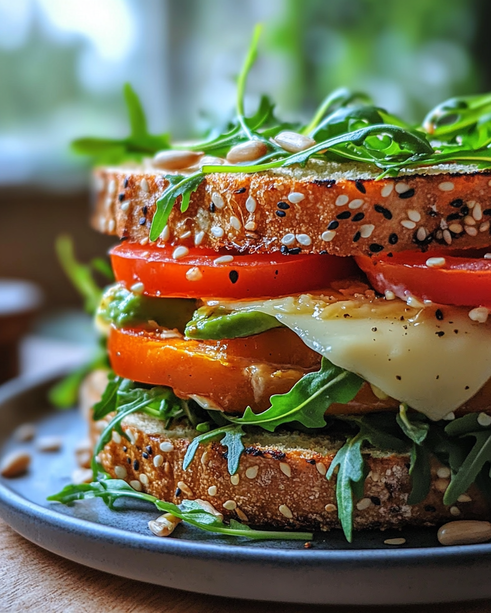 Close-up side view of Nagi's salad sandwich showing layers of crispy toasted sourdough, fresh rocket greens, vibrant tomato slices, creamy avocado, and melted cheese with roasted sunflower seeds visible on top