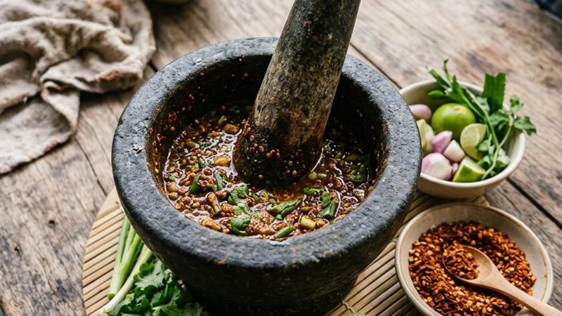A small ceramic bowl of dark reddish-brown nam jim jaew sauce surrounded by grilled chicken skewers and sticky rice