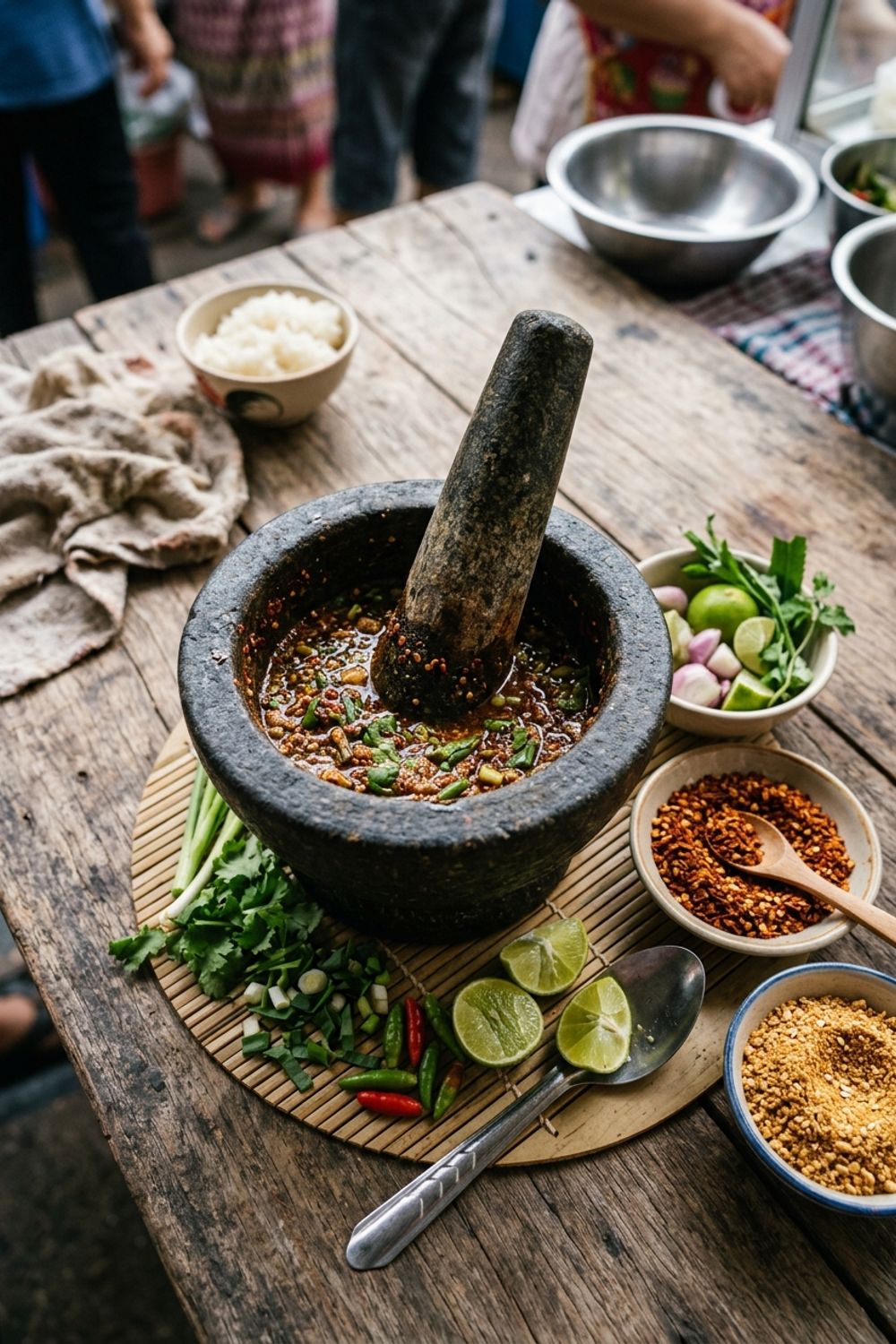 A small ceramic bowl of dark reddish-brown nam jim jaew sauce surrounded by grilled chicken skewers and sticky rice