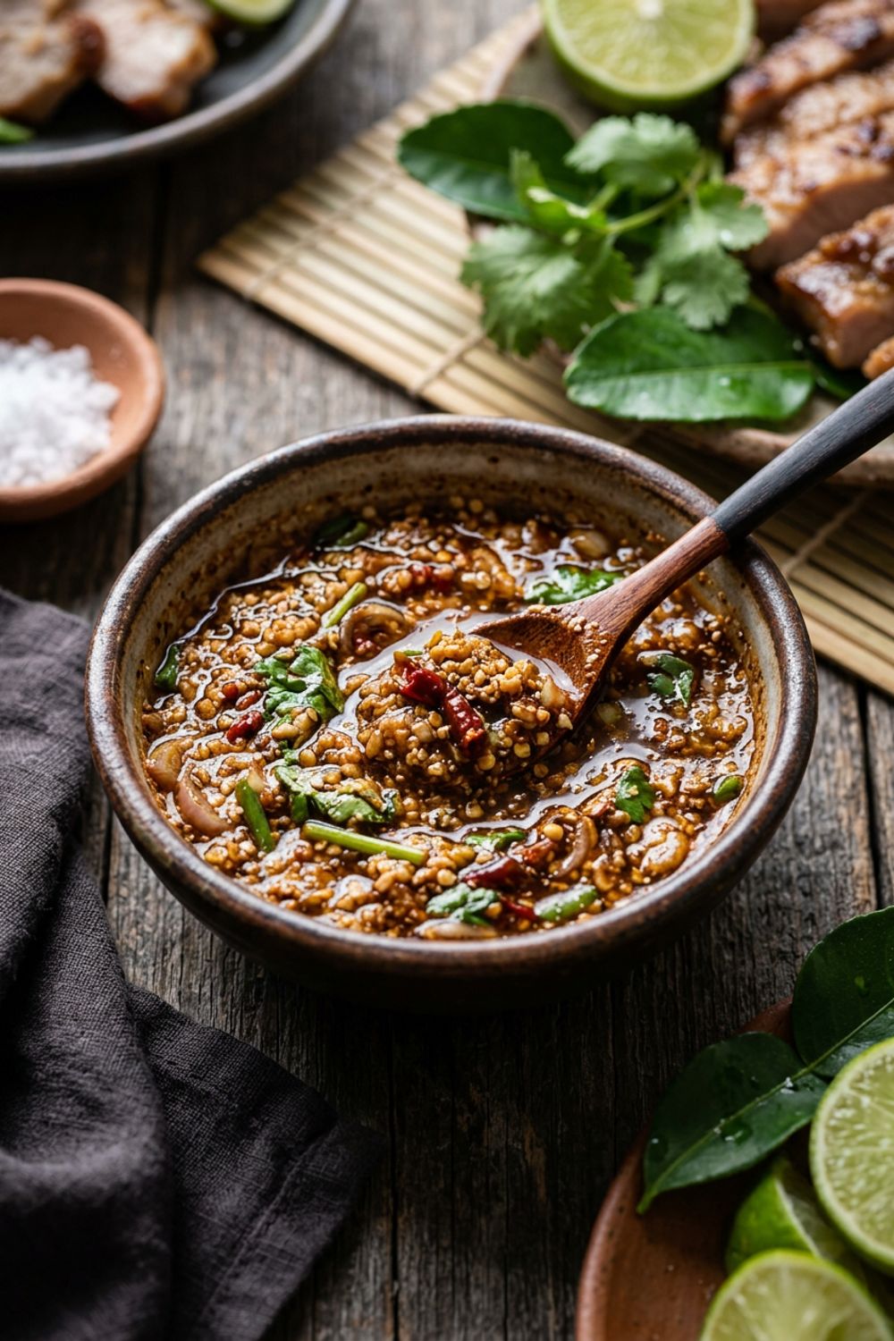 A flat lay of nam jim jaew ingredients including roasted chili flakes, limes, fish sauce, and toasted rice on a wooden board