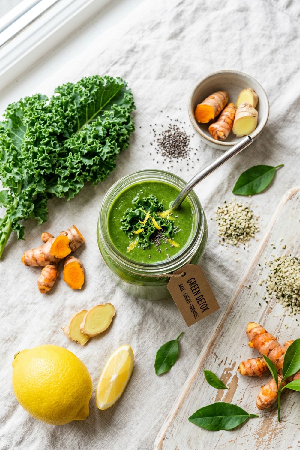 A tall glass of bright green smoothie with a straw, fresh ginger, and lemon slices on a wooden cutting board