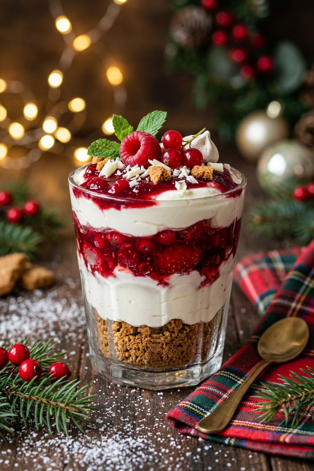 Individual no-bake Christmas dessert cup showing layers of cookie crumble, mousse, and berries with white chocolate shavings