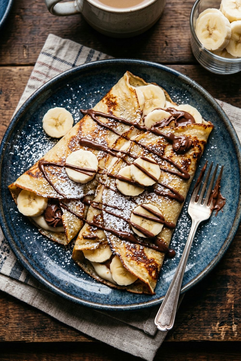 Golden crêpes folded into quarters with warm Nutella and sliced strawberries, dusted with powdered sugar