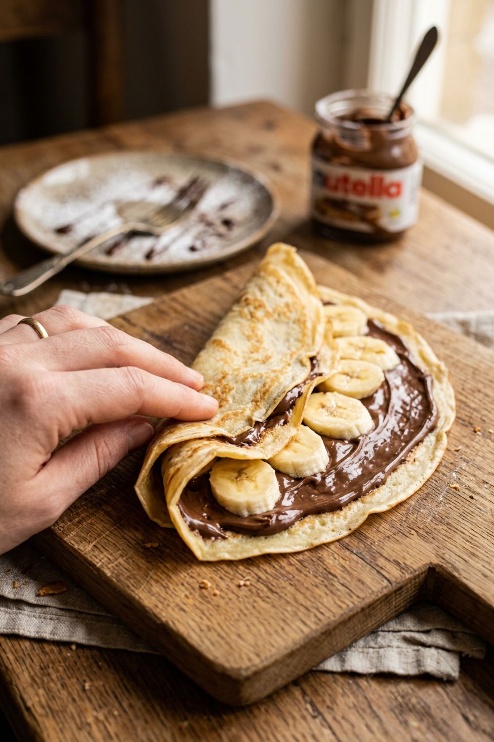 A hand folding a crêpe over warm Nutella and sliced strawberries in a non-stick pan
