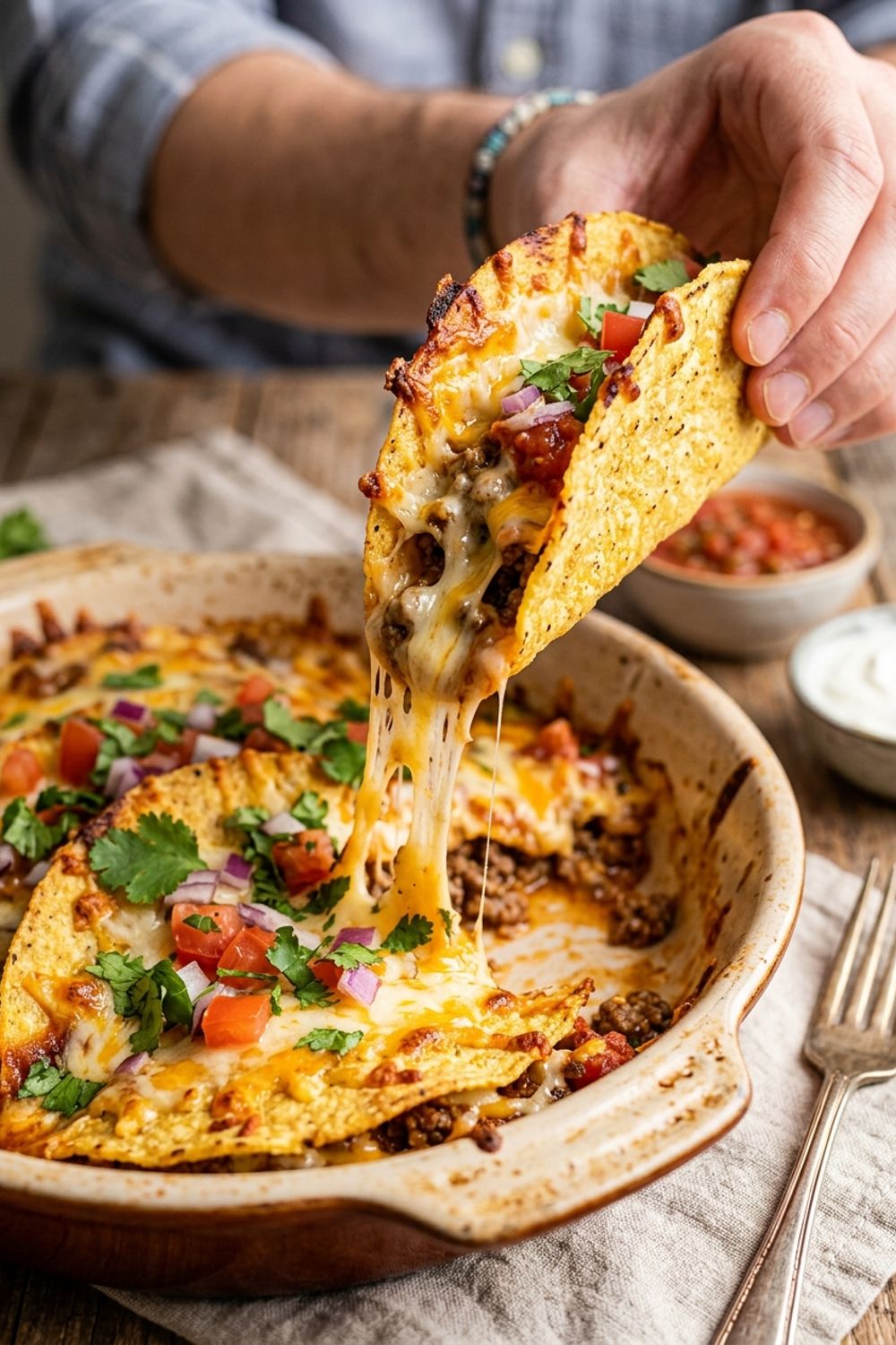Close-up of oven-baked tacos showing melted cheese, crispy shell edges, and golden cheese frico