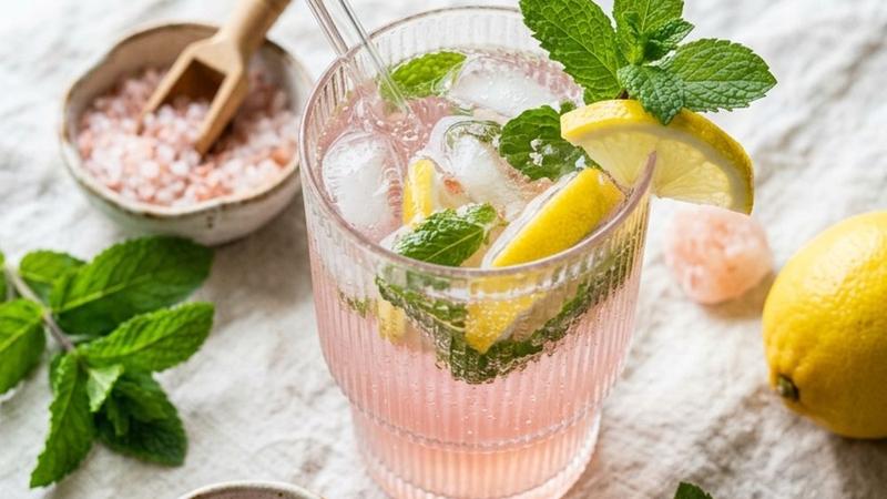 A glass of warm pink-tinted water with lemon slices and a small dish of Himalayan pink salt crystals