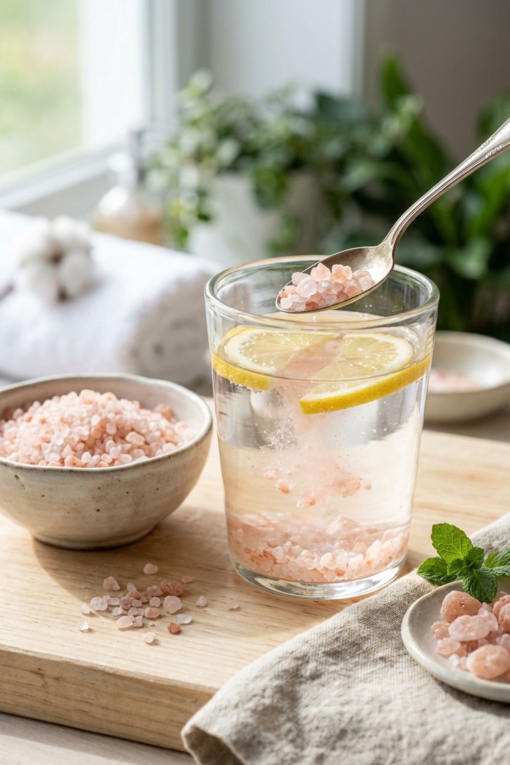 A hand stirring honey into a glass of warm water with lemon and pink salt on a light counter with morning sunlight