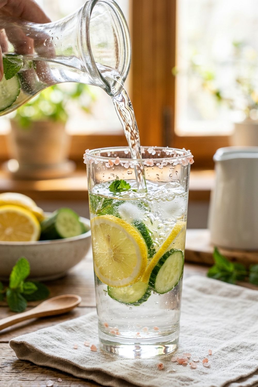 A close-up of cucumber slices, lemon rounds, and mint leaves floating in a glass pitcher of infused water