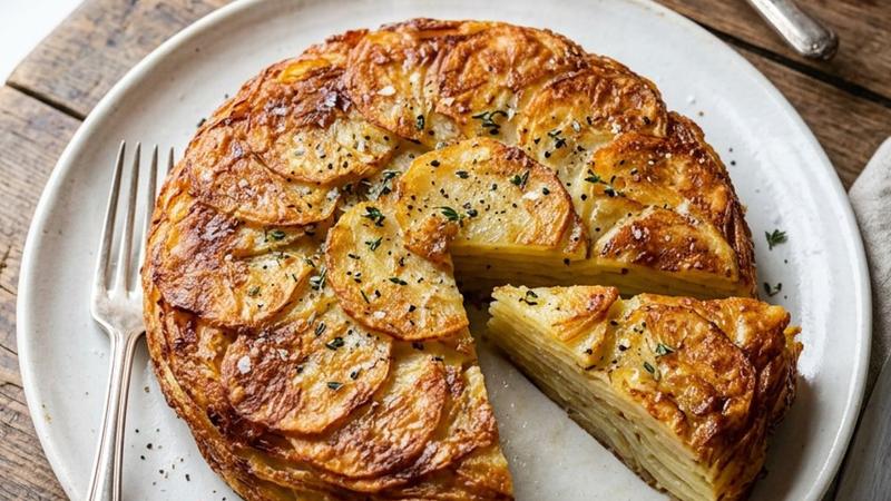 A perfectly golden pommes Anna potato cake on a white plate with a wedge removed showing crispy layers, garnished with fresh thyme