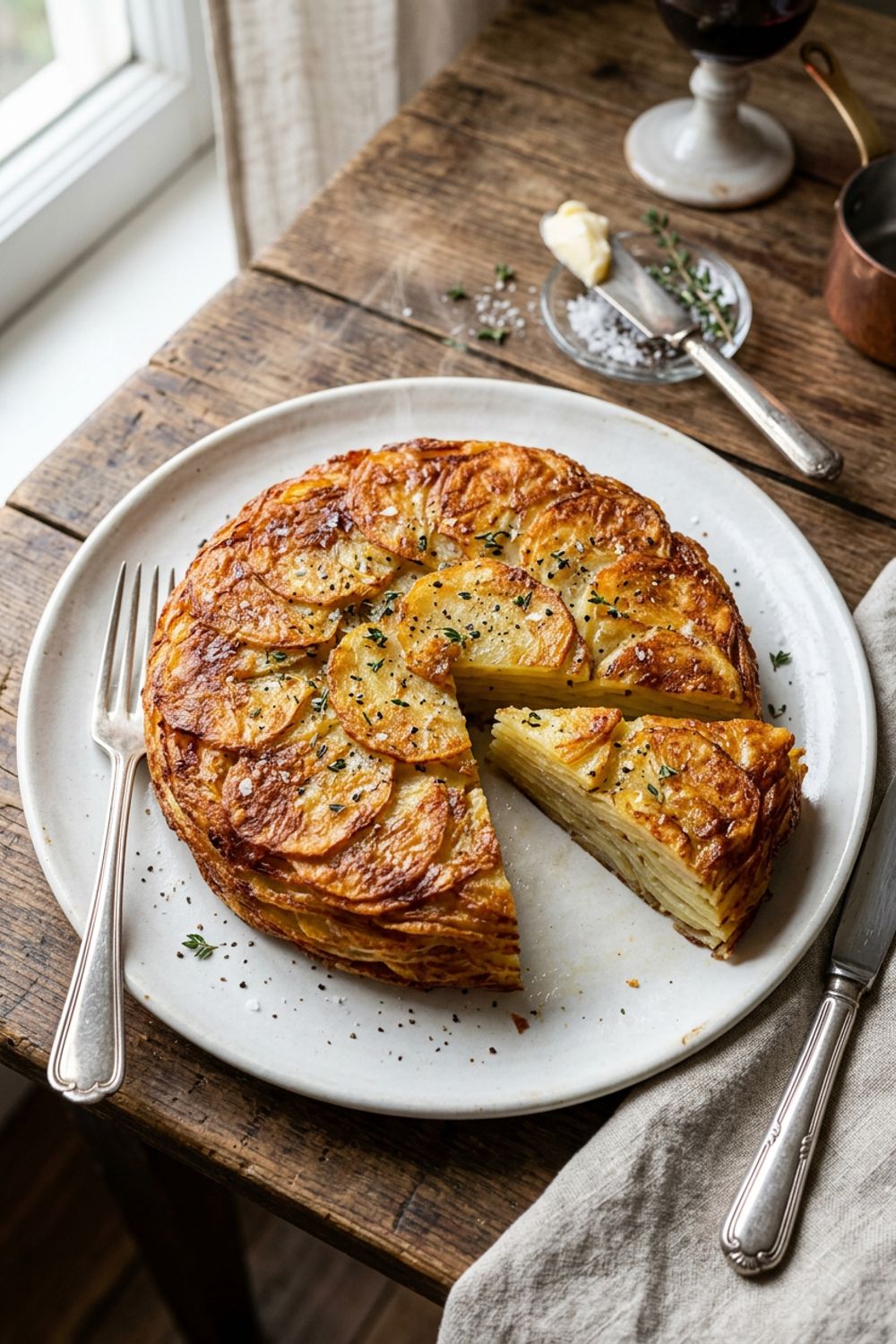 A perfectly golden pommes Anna potato cake on a white plate with a wedge removed showing crispy layers, garnished with fresh thyme