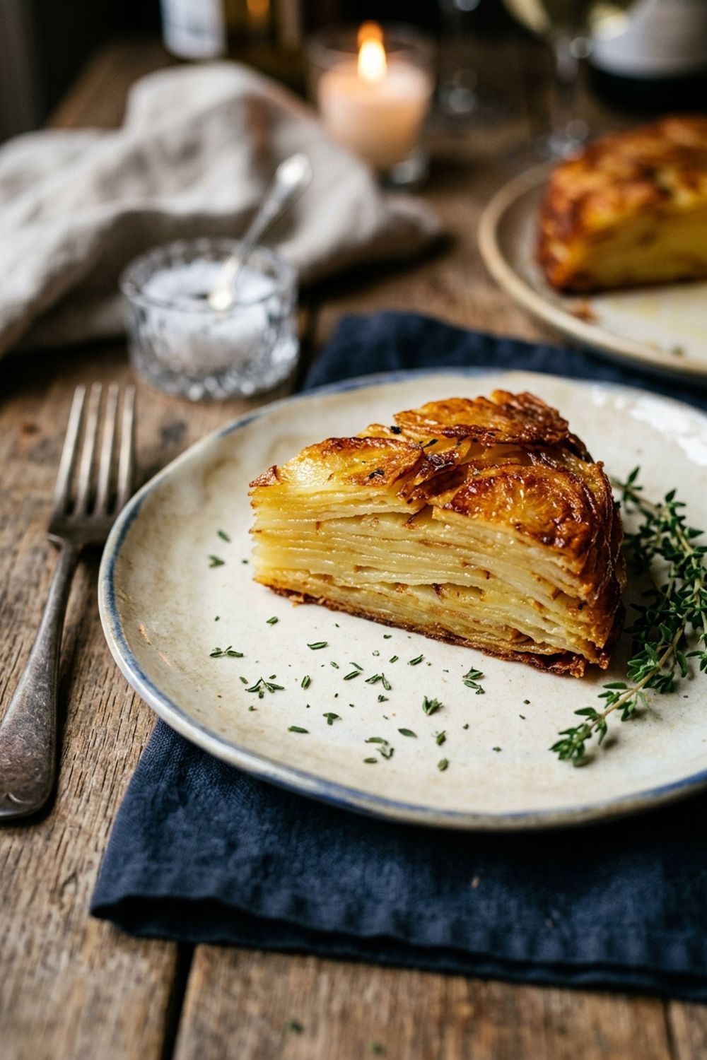 An overhead view of pommes Anna being assembled with overlapping potato slices in a cast iron skillet